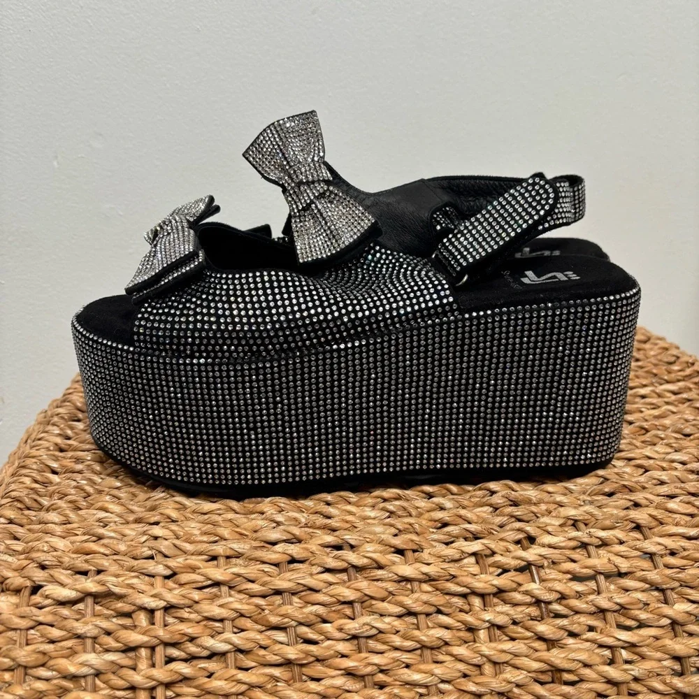 Platform Wedge Sandals with Bow Accent - Black Crystal